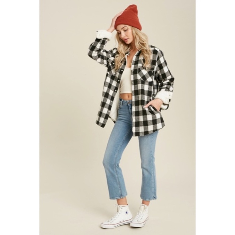 Black Buffalo Plaid Sherpa Lined Shacket Shirt Jacket - Picture 5 of 6